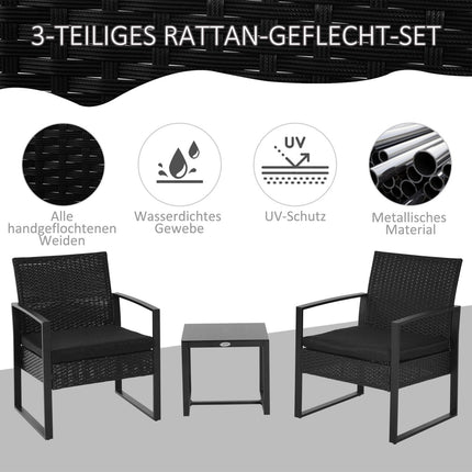 Schwarze Polyrattan Balkonmöbel-Set mit Kissen für 2 Personen