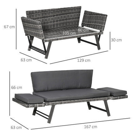 Gartensofa 2-Sitzer Polyrattan grau mit klappbaren Armlehnen