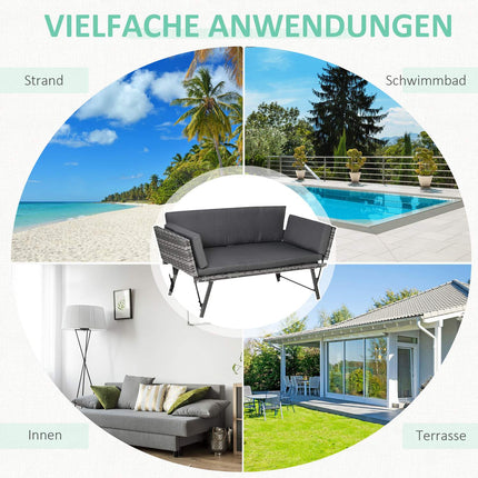 Gartensofa 2-Sitzer Polyrattan grau mit klappbaren Armlehnen