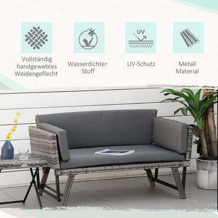 Gartensofa 2-Sitzer Polyrattan grau mit klappbaren Armlehnen