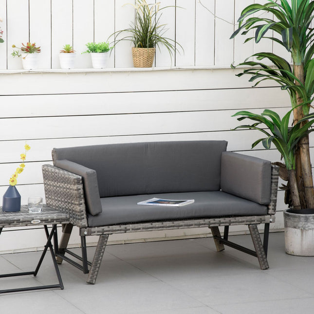 Gartensofa 2-Sitzer Polyrattan grau mit klappbaren Armlehnen