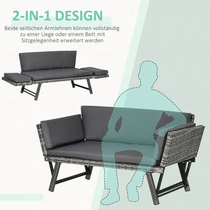 Gartensofa 2-Sitzer Polyrattan grau mit klappbaren Armlehnen