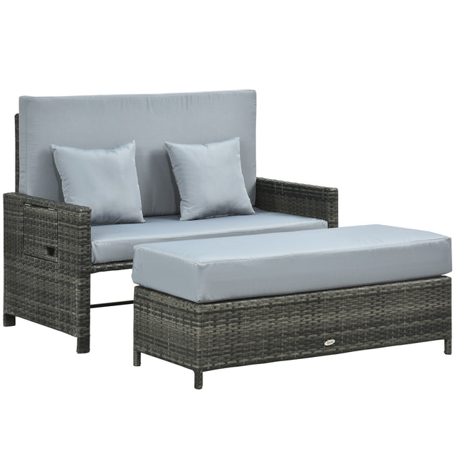 Gartensitzgruppe Polyrattan grau 2-Sitzer mit Kissen und Hocker
