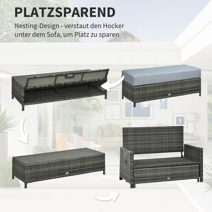 Gartensitzgruppe Polyrattan grau 2-Sitzer mit Kissen und Hocker