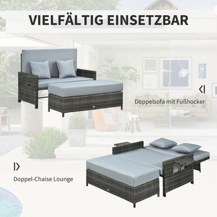 Gartensitzgruppe Polyrattan grau 2-Sitzer mit Kissen und Hocker