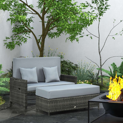 Gartensitzgruppe Polyrattan grau 2-Sitzer mit Kissen und Hocker