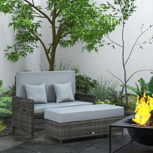 Gartensitzgruppe Polyrattan grau 2-Sitzer mit Kissen und Hocker