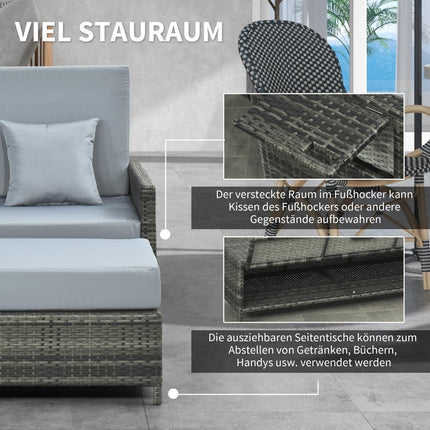 Gartensitzgruppe Polyrattan grau 2-Sitzer mit Kissen und Hocker
