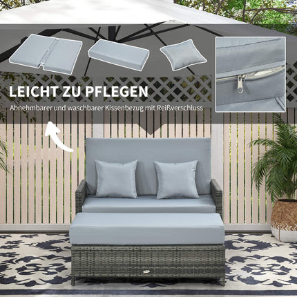 Gartensitzgruppe Polyrattan grau 2-Sitzer mit Kissen und Hocker