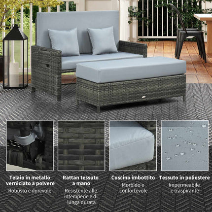 Gartensitzgruppe Polyrattan grau 2-Sitzer mit Kissen und Hocker