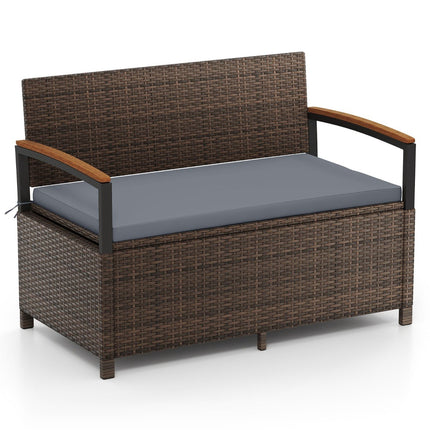 Polyrattan Outdoor Bench with Storage & Cushion, Grey