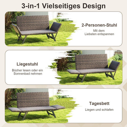 Polyrattan Outdoor Sofa with Adjustable Armrests & Lounger