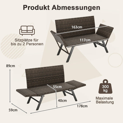 Polyrattan Outdoor Sofa with Adjustable Armrests & Lounger