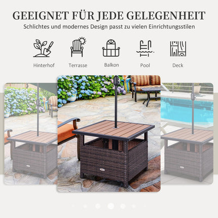 Brauner Gartentisch aus Polyrattan mit Schirmständer, 55,5 cm