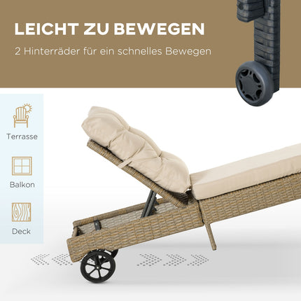 Verstellbare Sonnenliege aus Polyrattan mit Kissen, Khaki