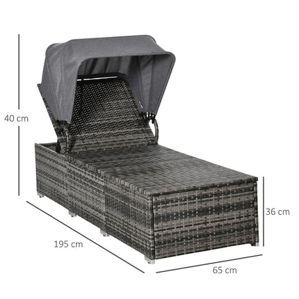 Sonnenliege aus Rattan mit Dach und Kissen, Grau 195 x 65 cm