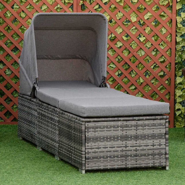 Sonnenliege aus Rattan mit Dach und Kissen, Grau 195 x 65 cm