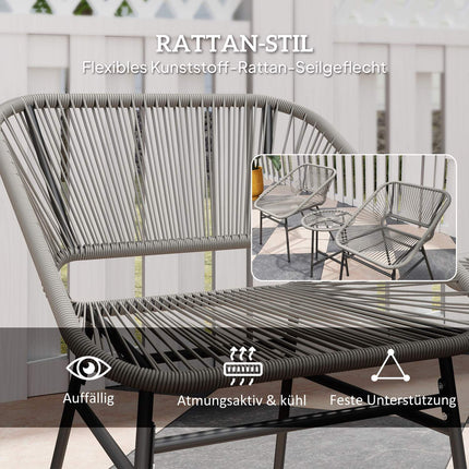 Salon de jardin en polyrotin, salon de jardin pour 2 personnes, ensemble de 3 pièces avec 2 chaises, table d'appoint, coussins, salon de jardin résistant aux intempéries pour jardin, terrasse, balcon, gris foncé