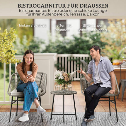 Salon de jardin en polyrotin, salon de jardin pour 2 personnes, ensemble de 3 pièces avec 2 chaises, table d'appoint, coussins, salon de jardin résistant aux intempéries pour jardin, terrasse, balcon, gris foncé