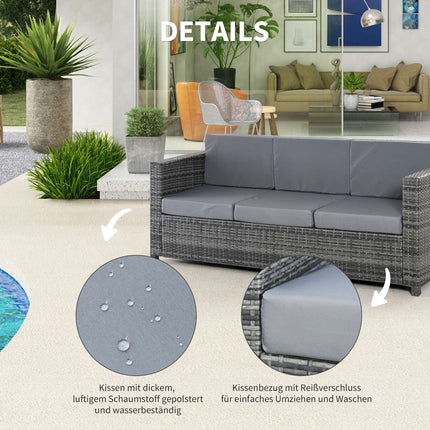 3-Sitzer Polyrattan Gartensofa mit Kissen – Grau