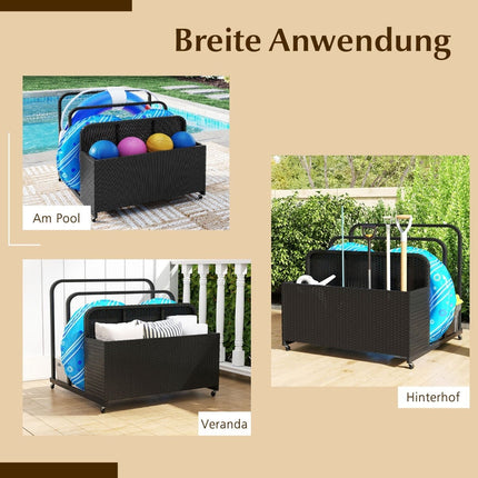 Pool Storage Basket with Wheels, PE Rattan, 2 Compartments
