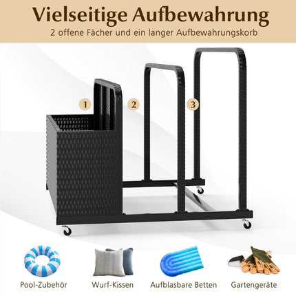 Pool Storage Basket with Wheels, PE Rattan, 2 Compartments