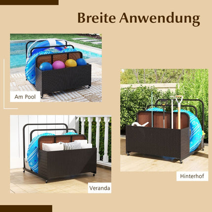 Pool Storage Basket with Wheels, PE Rattan, 2 Compartments