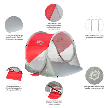 Pop Up Beach Tent, Red-Grey, UV Protection