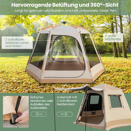 Pop-Up Camping Tent, Auto Setup, 4-6 Person, Beige