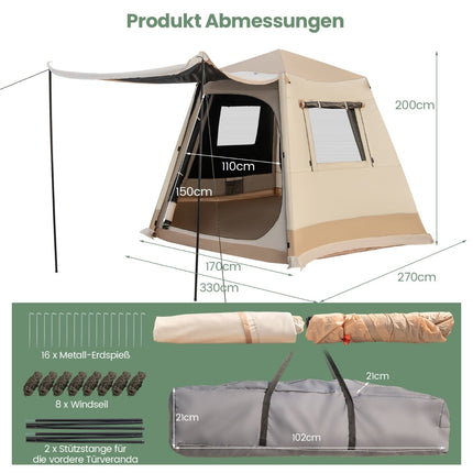 Pop-Up Camping Tent, Auto Setup, 4-6 Person, Beige
