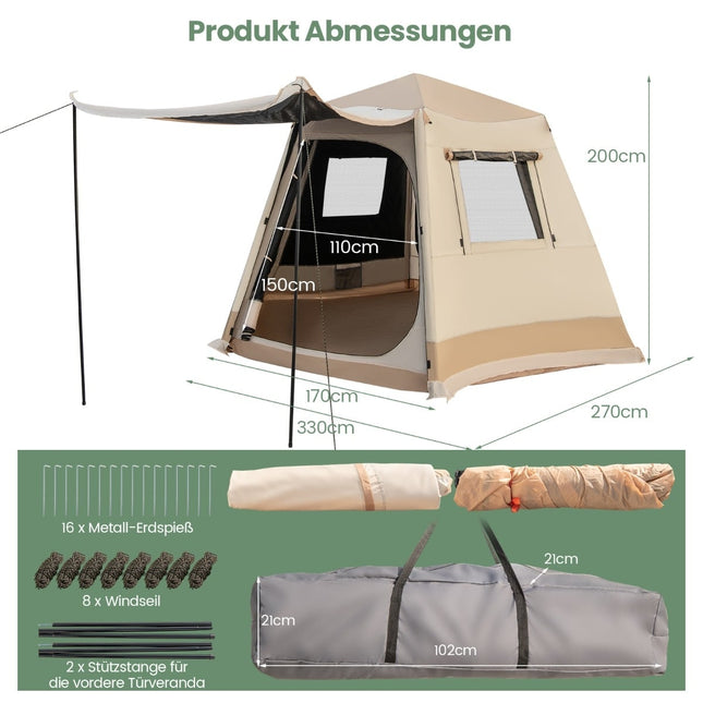 Pop-Up Camping Tent, Auto Setup, 4-6 Person, Beige