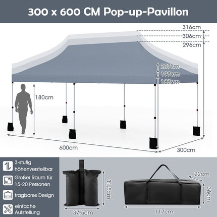 Pop-up party stan 300x600 cm, nastavitelná výška, šedý