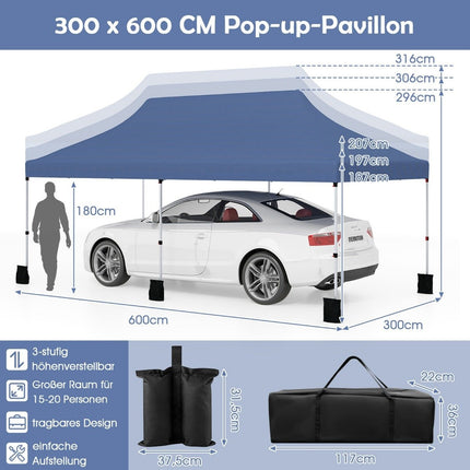 Pop-Up Canopy Tent 300x600 cm, Blue, Adjustable Height