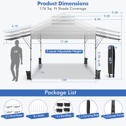 Pop-Up Canopy Tent With Dual Awnings, 300x537cm, UPF 50+