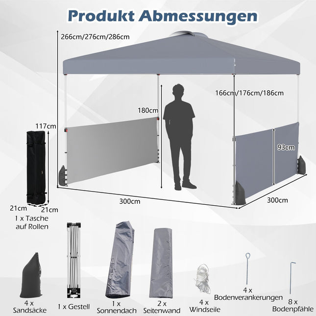 Faltpavillon 3x3m mit 2 Seitenwänden, Tasche, Grau