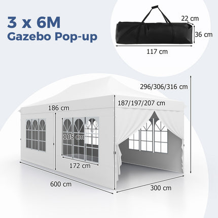 Faltpavillon 3 x 6 m, 6 Seitenwände, Reißverschlusstüren