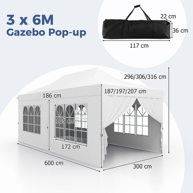Faltpavillon 3 x 6 m, 6 Seitenwände, Reißverschlusstüren