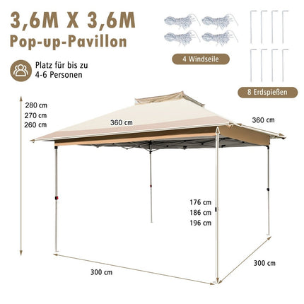 Pop-Up Pavillon mit Moskitonetz, UV 50+, 3.6x3.6m, Khaki