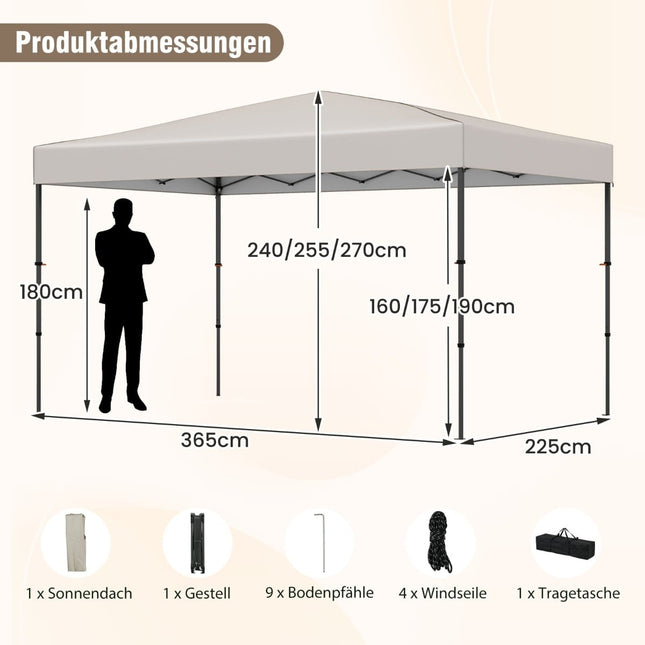 Pop-Up-Pavillon 365x225 cm, UV-Schutz, tragbare Tasche