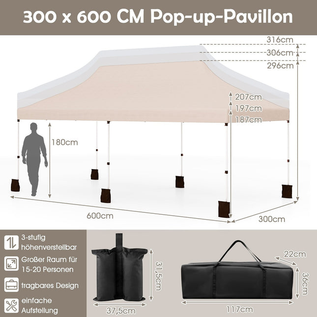 Pop-Up Pavillon 3x6m, Höhenverstellbar, Beige, UV-Schutz