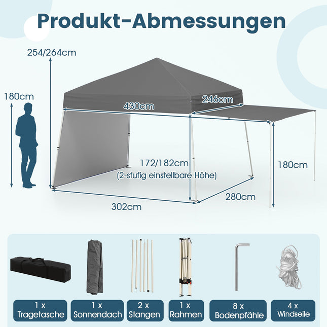 Pop-up Faltpavillon, 430x280cm, umbaubare Seitenwände, Grau