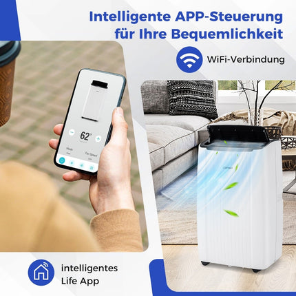 Přenosná klimatizace 12000 BTU s ohřevem a odvlhčovačem, WiFi ovládání