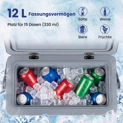 Tragbare 12L-Kühlbox mit Hartschale und Griff, Dunkelgrau