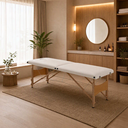 Portable 2-Zone Massage Table, Adjustable Height, Cream White