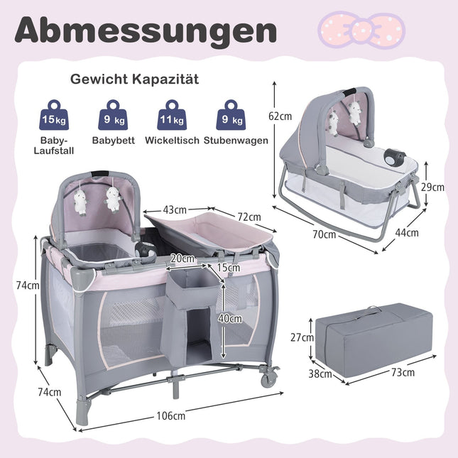 Tragbares 5-in-1 Babybett & Laufgitter mit Wiege, Lila