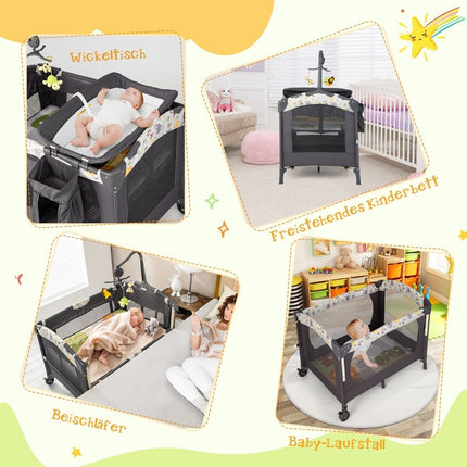 Portable Baby Playground 3-in-1 Convertible Playpen with Bed 107 x 72 x 80.5cm Gray