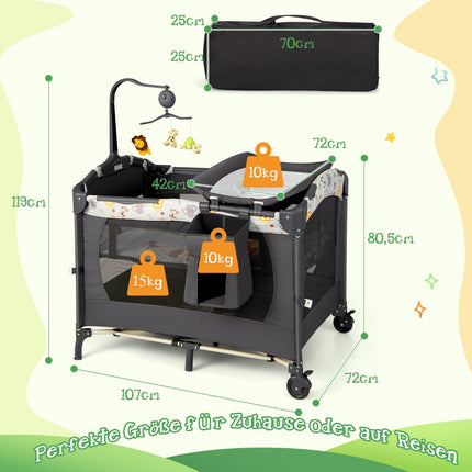 Portable Baby Playground 3-in-1 Convertible Playpen with Bed 107 x 72 x 80.5cm Gray