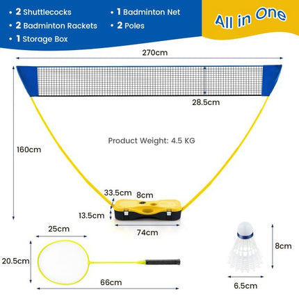 Přenosná sada badmintonové sítě 270 cm, pálky, přepravní taška