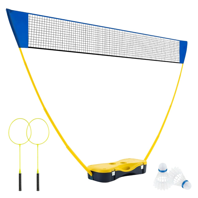 Draagbare badmintonset met net, 2 rackets en shuttlecocks.