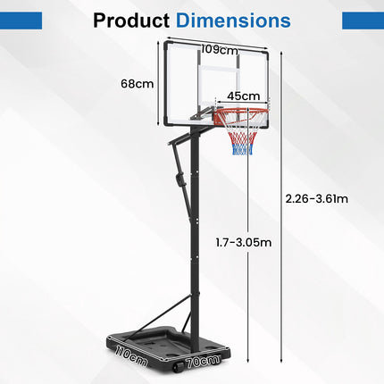 Portable Basketball Hoop, Adjustable 5.6-10 Ft, 43 In Backboard